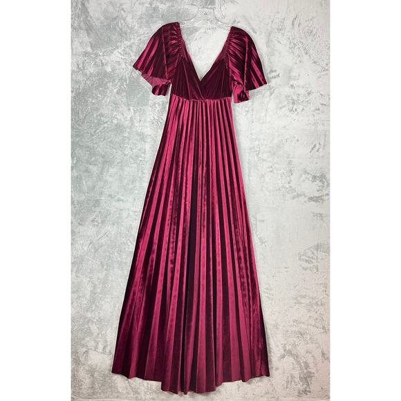 ASOS Burgundy Wine Velvet Maxi Dress 4 Empire Waist Pleated Twist Cutout Back - Picture 11 of 16